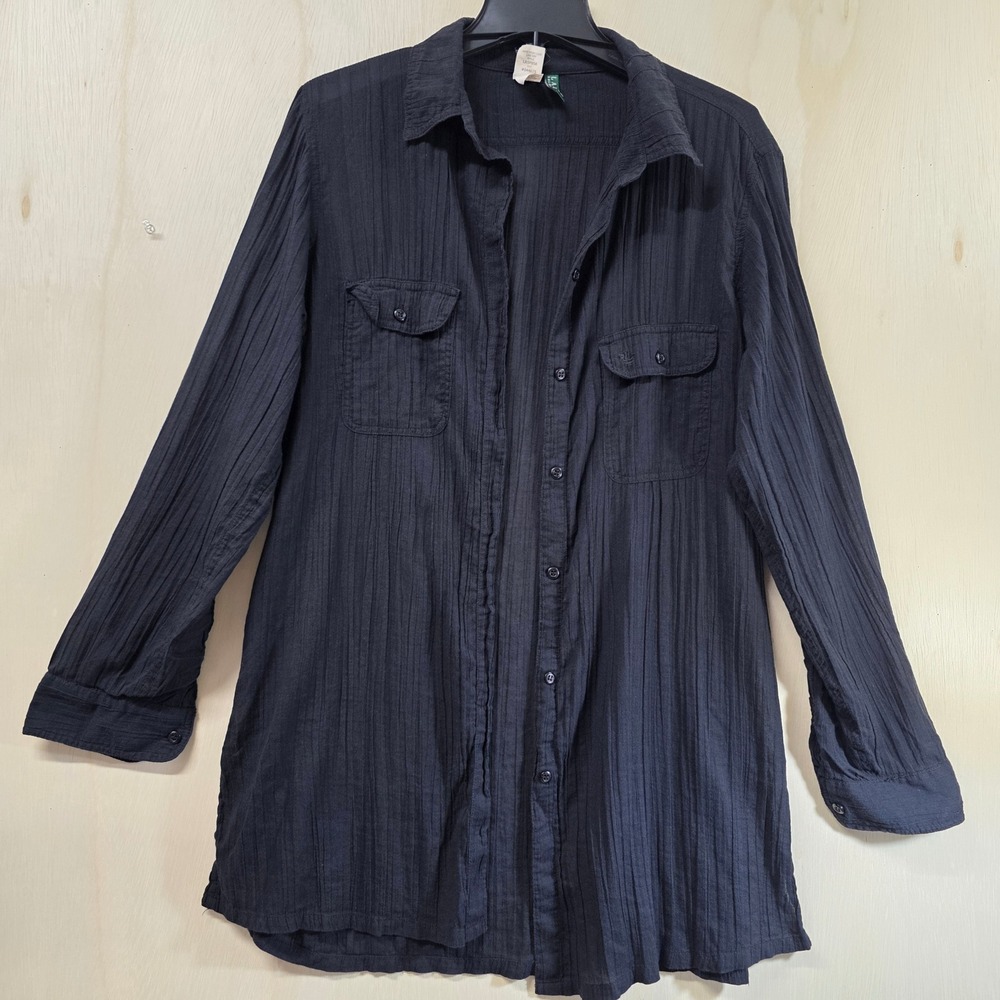 Lauren Ralph Lauren Black Cotton Gauze Roll Tab Beach Cover Up Shirt Medium - Picture 15 of 15